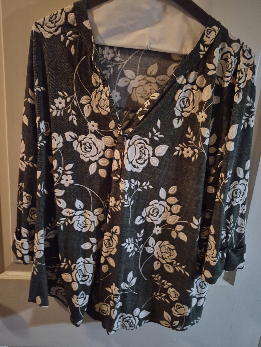 Women's Black Floral V-Neck Top with White Rose Print